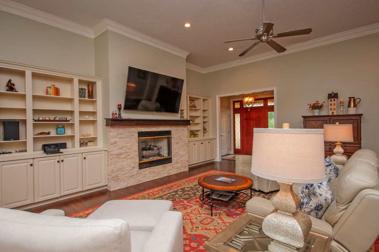 Fireplace, Interior, Living room, Recessed Lighting, Wood Texture Flooring
