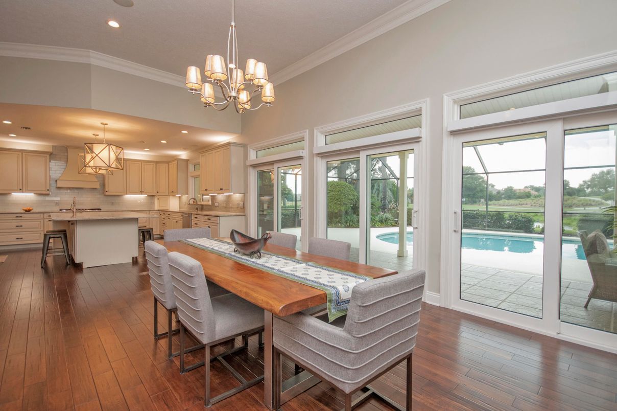 Chandelier, Dining room, Interior, Kitchen, Recessed Lighting, Wood Texture Flooring