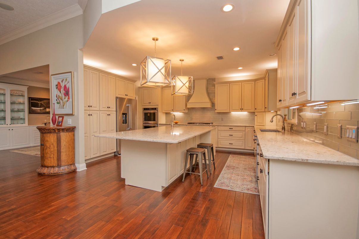Interior, Kitchen, Pendant Lights, Recessed Lighting, Stainless Steel Appliances, Wood Texture Flooring