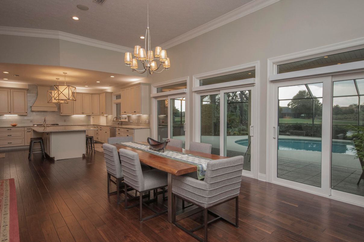 Chandelier, Dining room, Interior, Kitchen, Recessed Lighting, Wood Texture Flooring