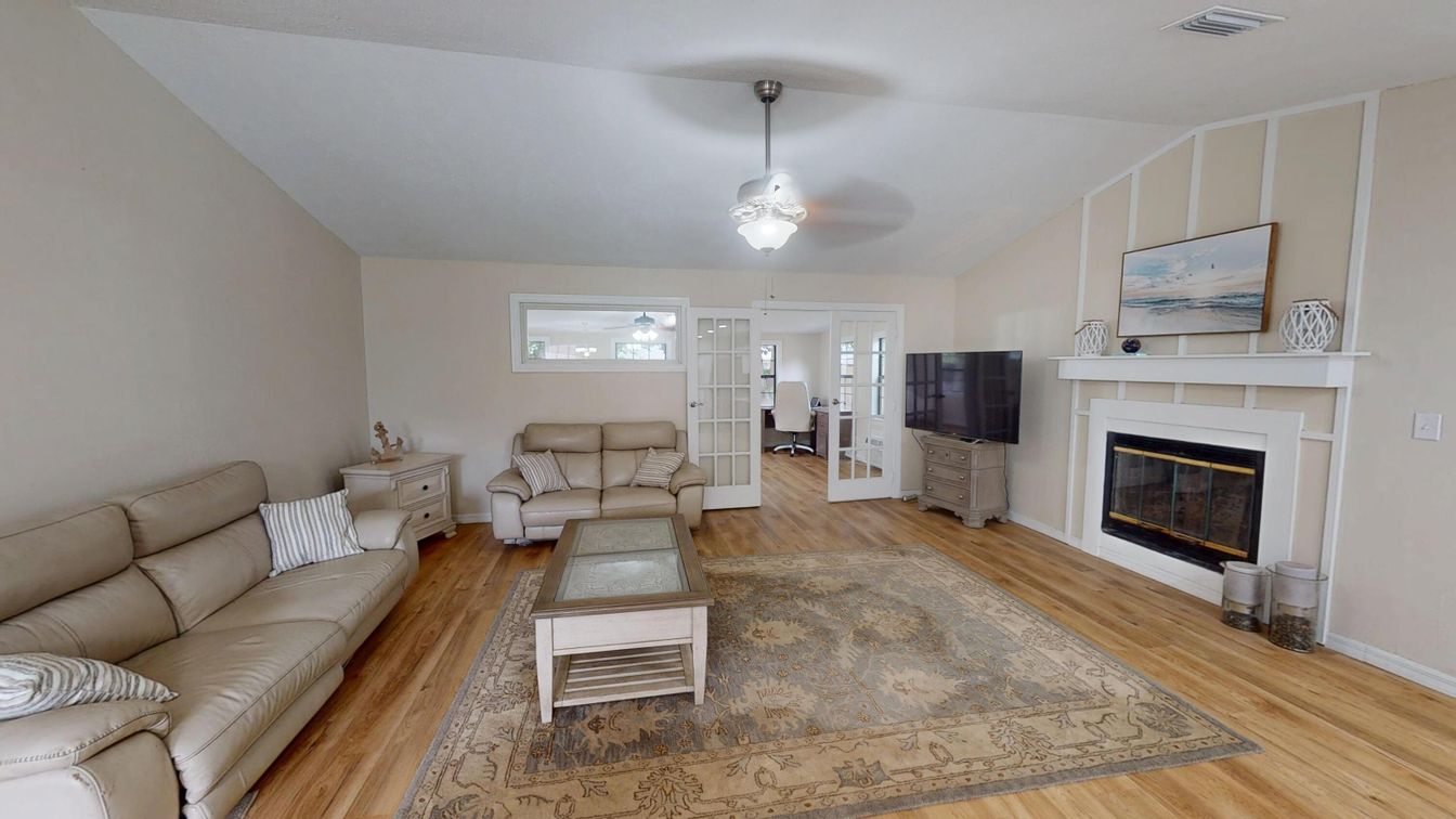Fireplace, Interior, Living room, Pendant Lights, Wood Texture Flooring