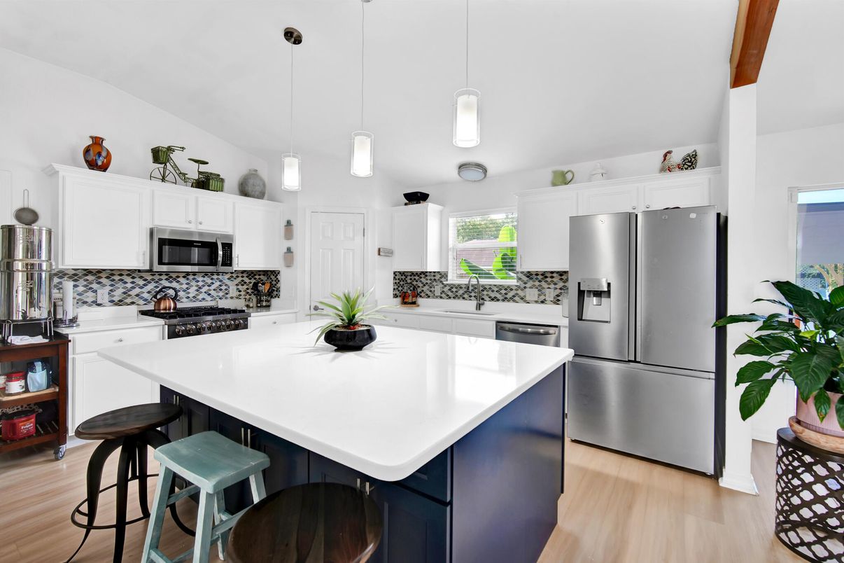 Interior, Kitchen, Pendant Lights, Stainless Steel Appliances, Wood Texture Flooring
