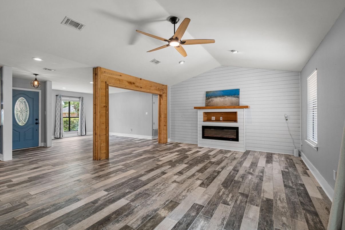 Empty room, Fireplace, Interior, Recessed Lighting, Wood Texture Flooring
