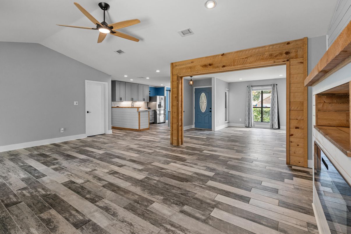 Empty room, Interior, Kitchen, Recessed Lighting, Wood Texture Flooring