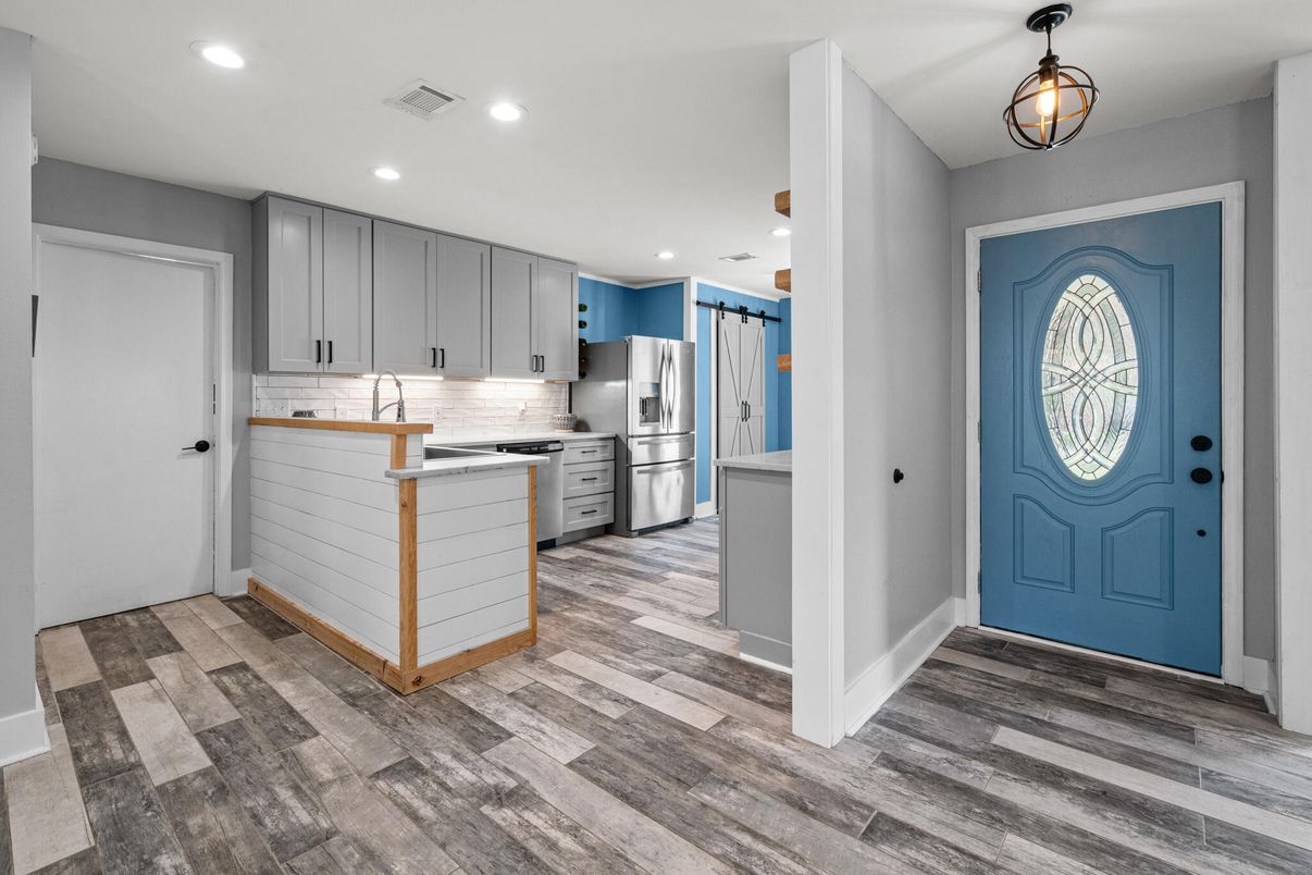 Interior, Kitchen, Pendant Lights, Recessed Lighting, Stainless Steel Appliances, Wood Texture Flooring