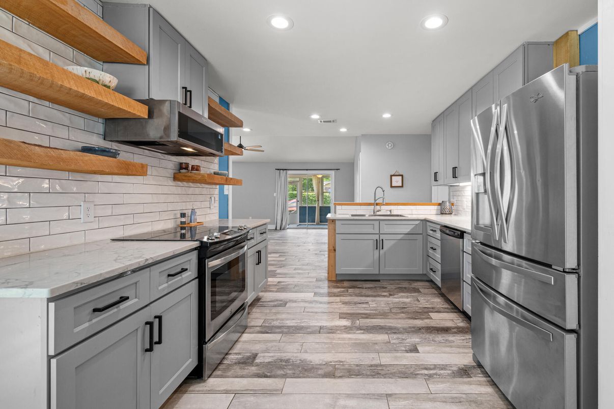 Interior, Kitchen, Recessed Lighting, Stainless Steel Appliances, Wood Texture Flooring