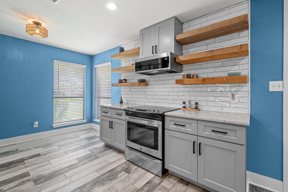 Interior, Kitchen, Recessed Lighting, Stainless Steel Appliances, Wood Texture Flooring