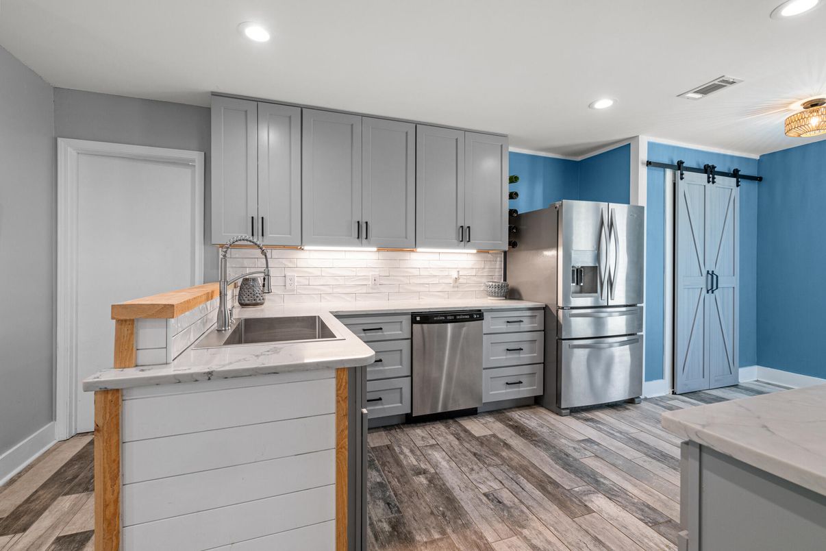 Interior, Kitchen, Recessed Lighting, Stainless Steel Appliances, Wood Texture Flooring