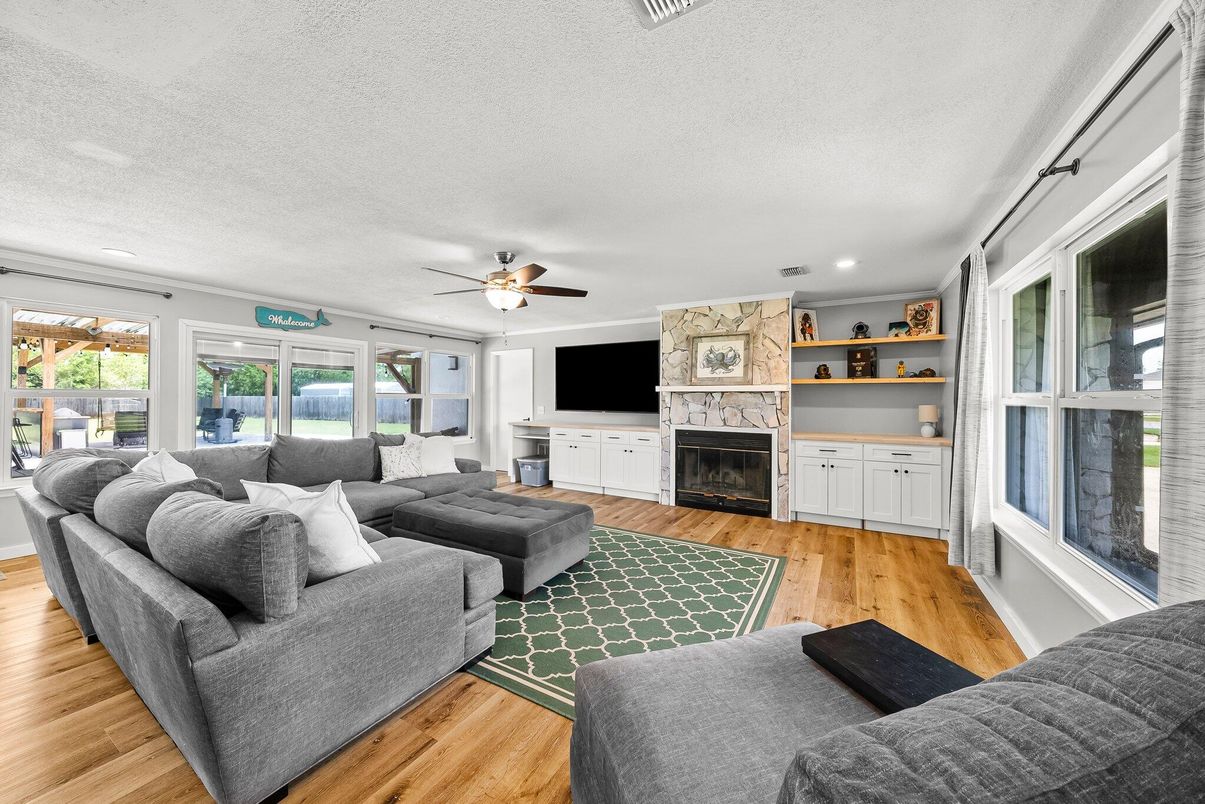 Fireplace, Interior, Living room, Recessed Lighting, Wood Texture Flooring