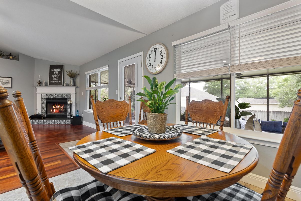Dining room, Fireplace, Interior, Wood Texture Flooring