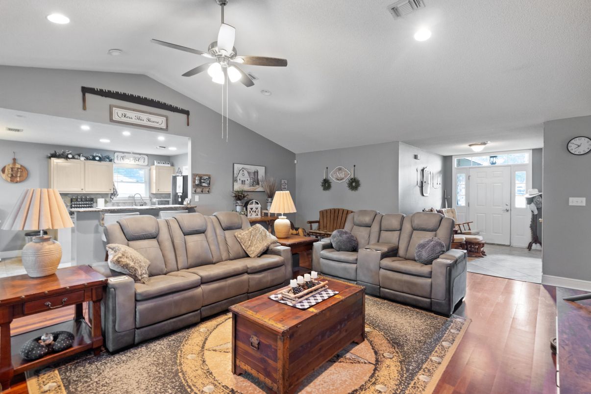 Dining room, Interior, Kitchen, Living room, Recessed Lighting, Wood Texture Flooring