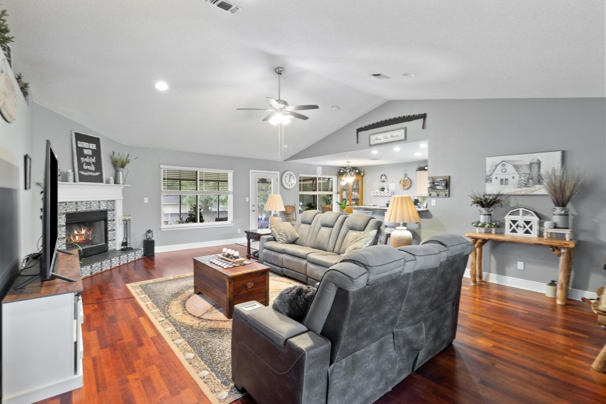 Fireplace, Interior, Living room, Recessed Lighting, Wood Texture Flooring