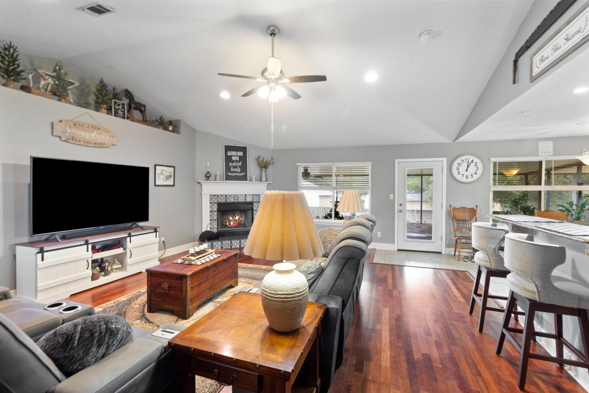 Fireplace, Interior, Living room, Recessed Lighting, Wood Texture Flooring