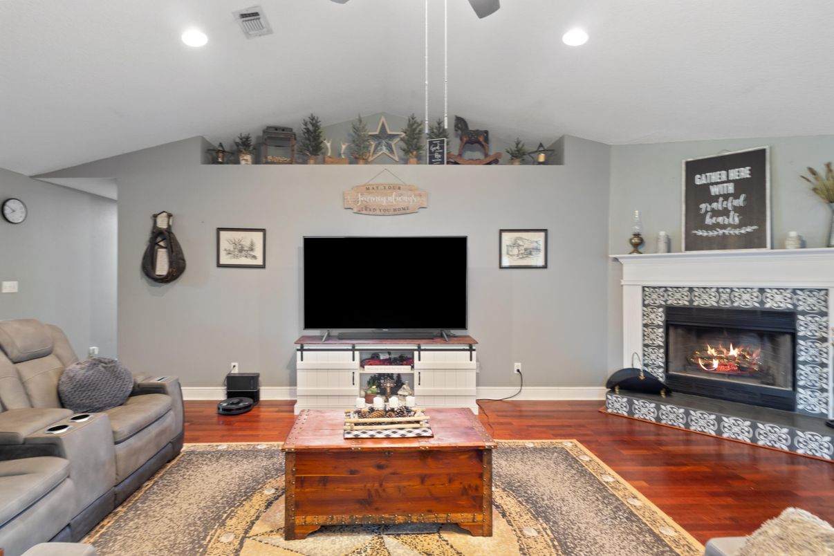 Fireplace, Interior, Living room, Recessed Lighting, Wood Texture Flooring