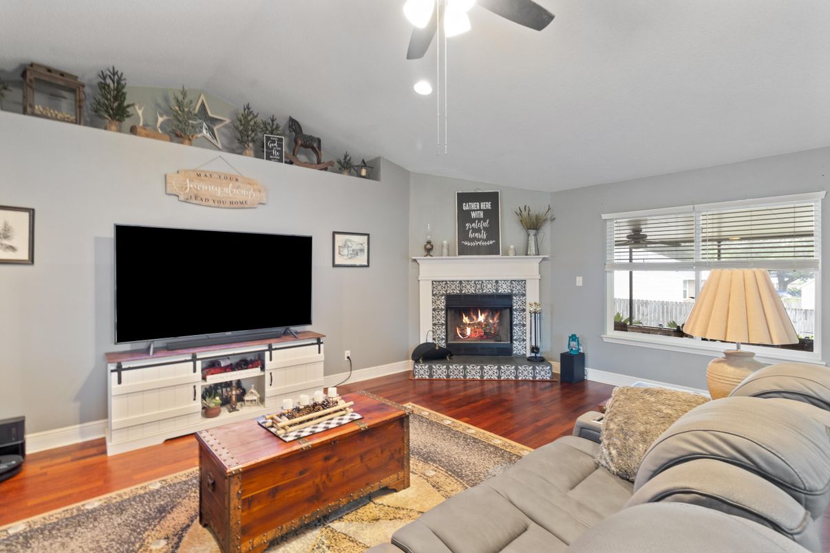 Fireplace, Interior, Living room, Recessed Lighting, Wood Texture Flooring