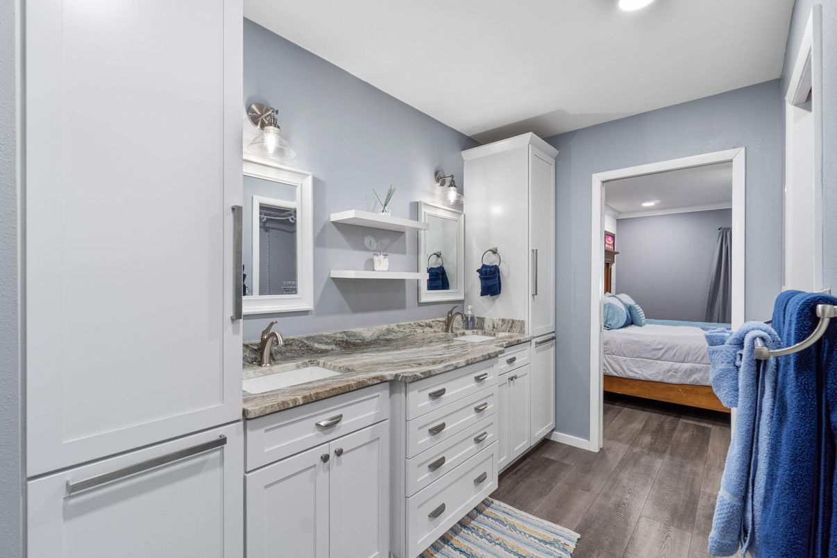 Bathroom, Bedroom, Dual Sink Vanities, Interior, Recessed Lighting, Wood Texture Flooring
