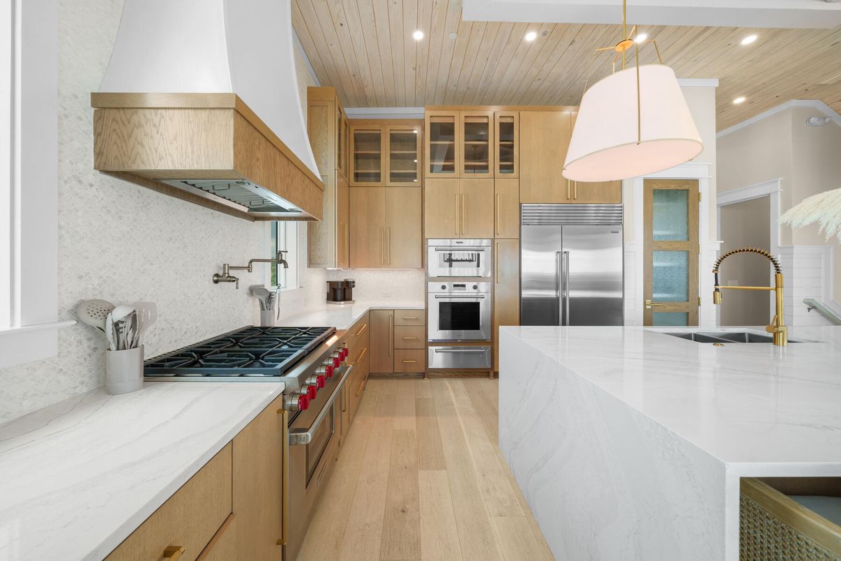 Interior, Kitchen, Pendant Lights, Recessed Lighting, Stainless Steel Appliances, Wooden Ceilings, Wood Texture Flooring