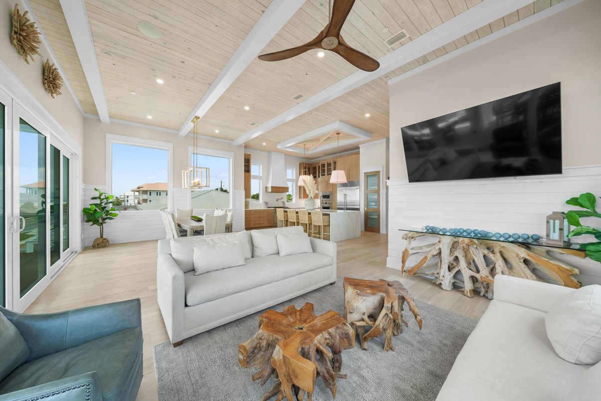 Dining room, Interior, Kitchen, Living room, Pendant Lights, Recessed Lighting, Stainless Steel Appliances, Wooden Ceilings, Wood Texture Flooring