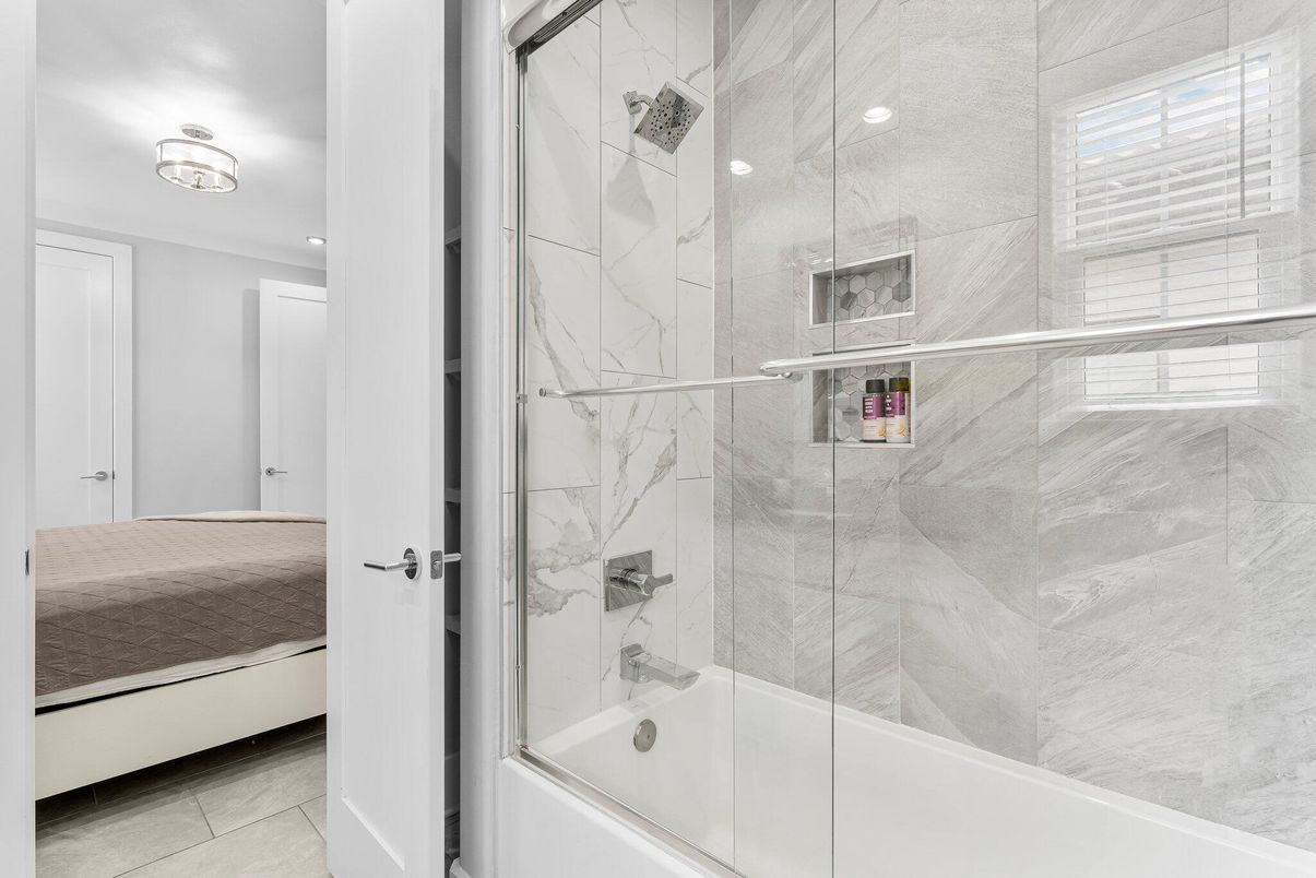 Bathroom, Glass Shower, Interior, Marble Walls, Recessed Lighting