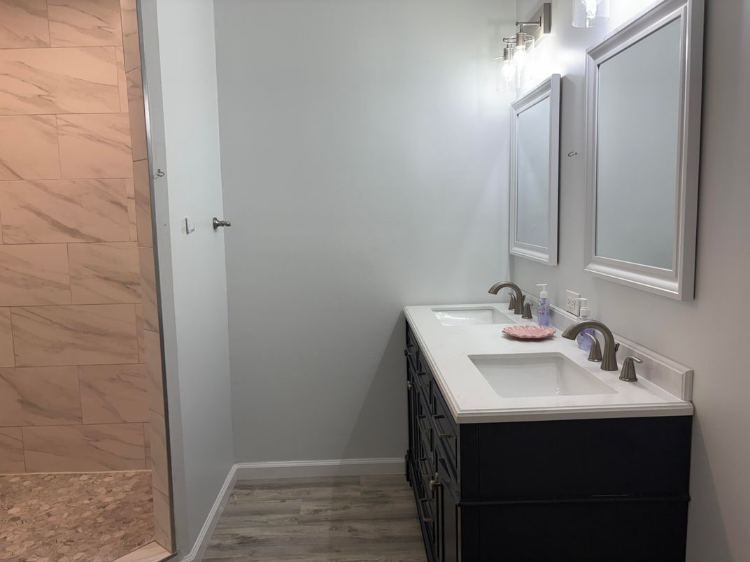Bathroom, Interior, Marble Walls, Wood Texture Flooring