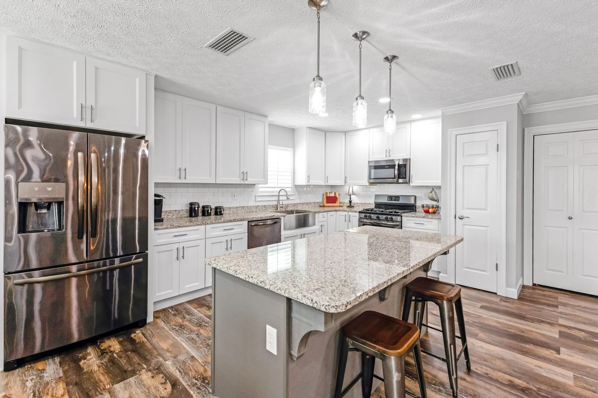 Interior, Kitchen, Pendant Lights, Stainless Steel Appliances, Wood Texture Flooring