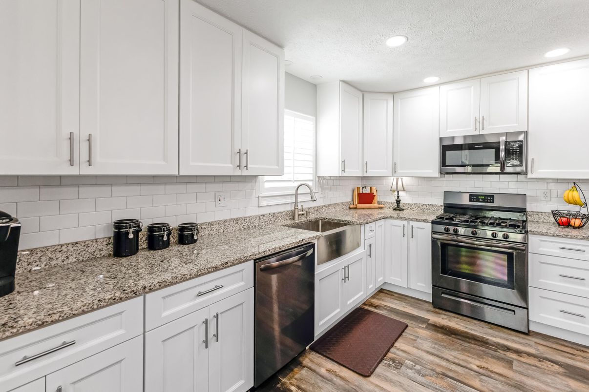 Interior, Kitchen, Recessed Lighting, Stainless Steel Appliances, Wood Texture Flooring