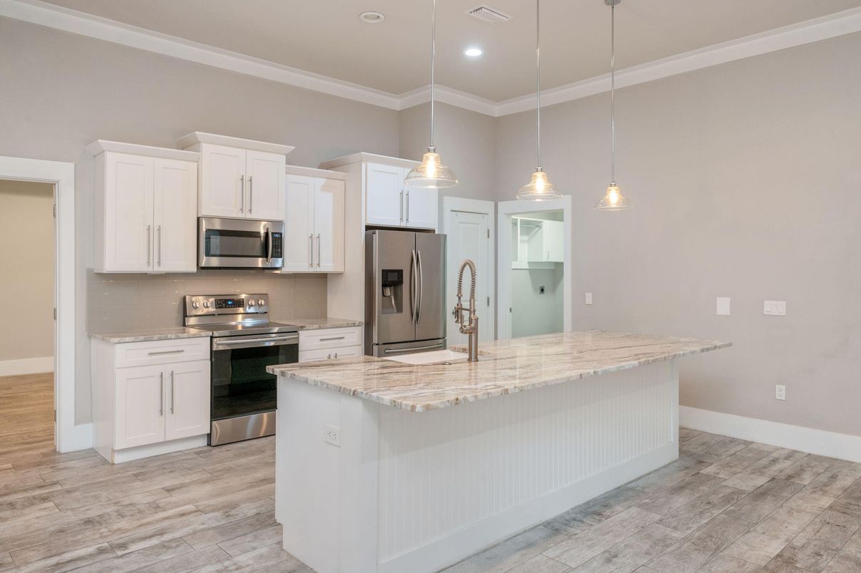 Interior, Kitchen, Pendant Lights, Recessed Lighting, Stainless Steel Appliances, Wood Texture Flooring