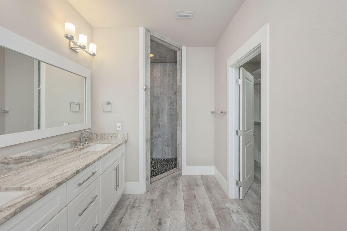 Bathroom, Dual Sink Vanities, Glass Shower, Interior, Wood Texture Flooring