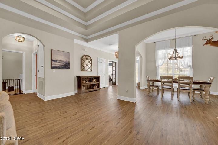 Dining room, Interior, Pendant Lights, Wood Texture Flooring