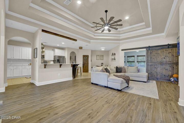 Interior, Kitchen, Living room, Recessed Lighting, Stainless Steel Appliances, Wood Texture Flooring
