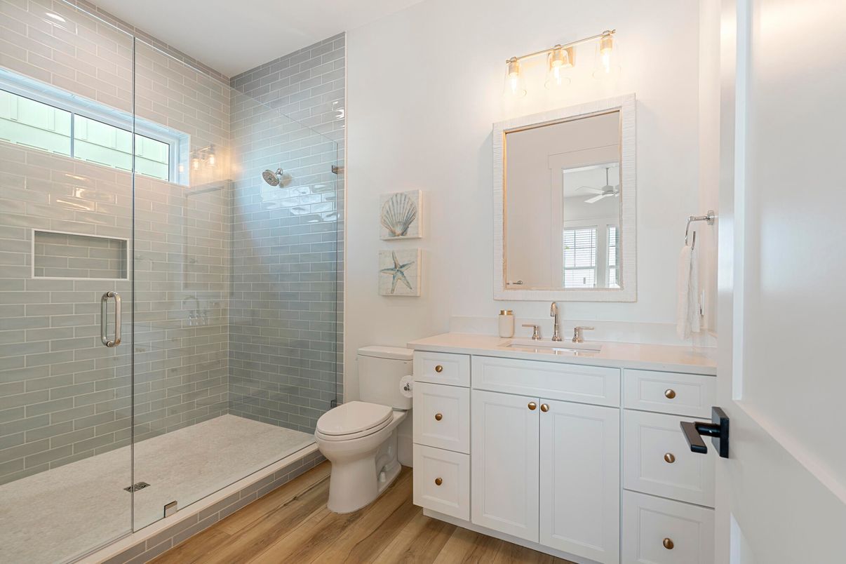 Bathroom, Glass Shower, Interior, Wood Texture Flooring