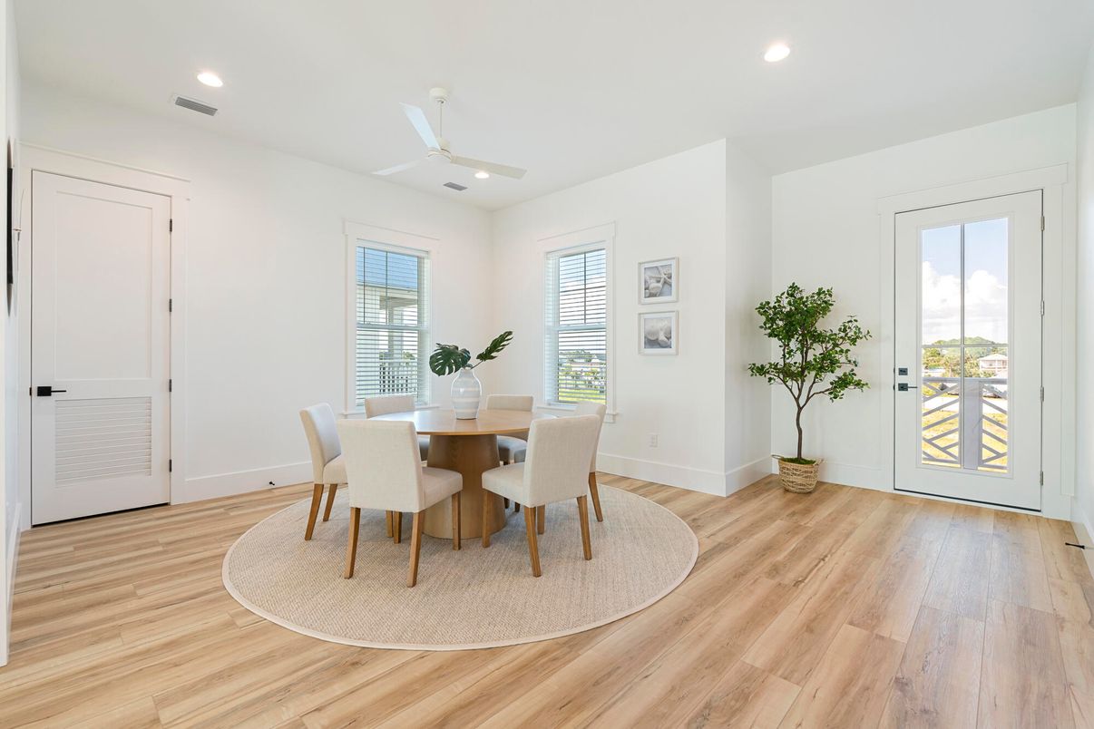 Dining room, Interior, Recessed Lighting, Wood Texture Flooring