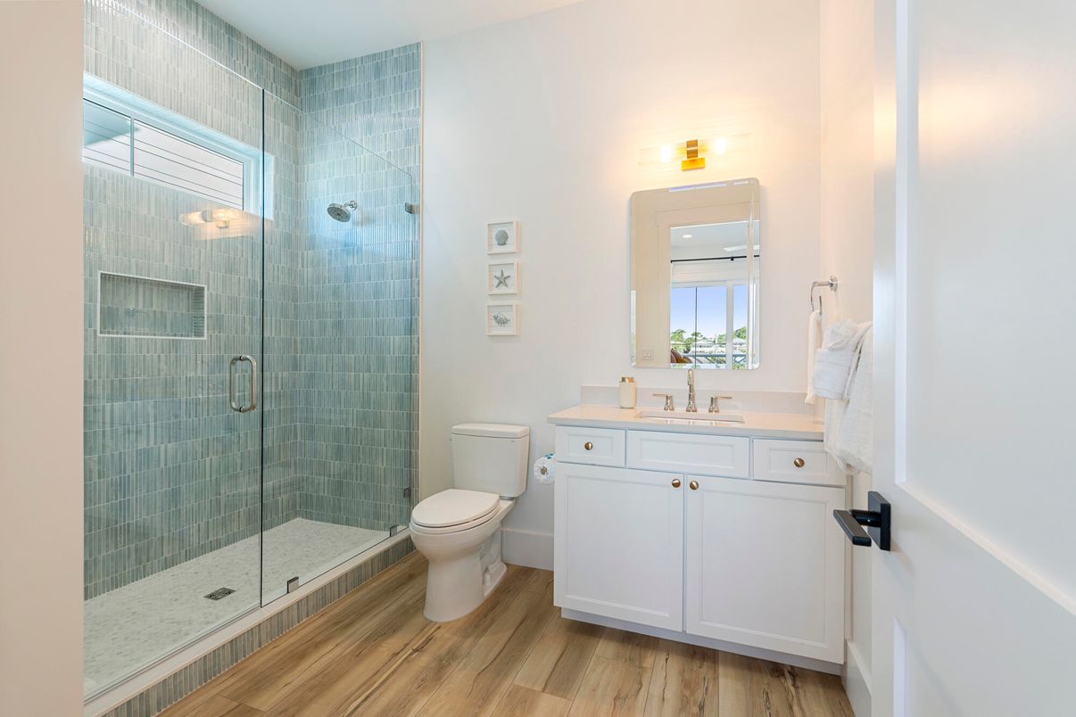 Bathroom, Glass Shower, Interior, Wood Texture Flooring