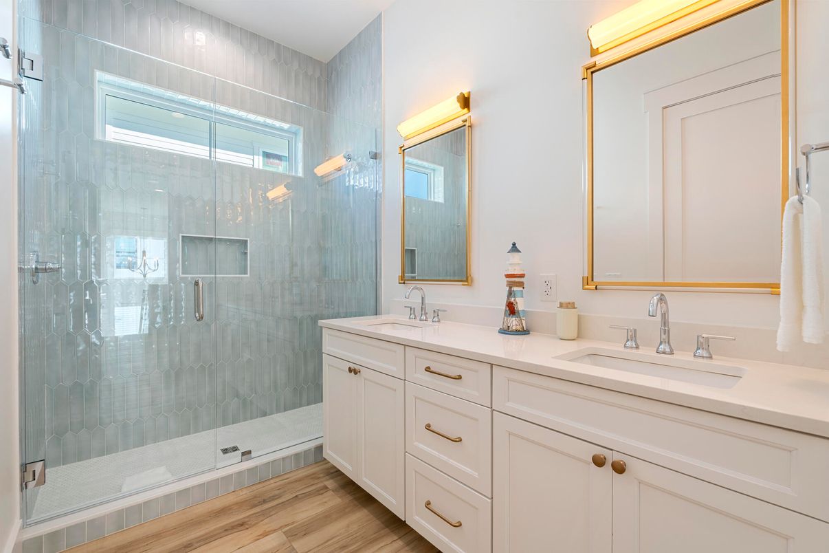 Bathroom, Dual Sink Vanities, Glass Shower, Interior, Wood Texture Flooring