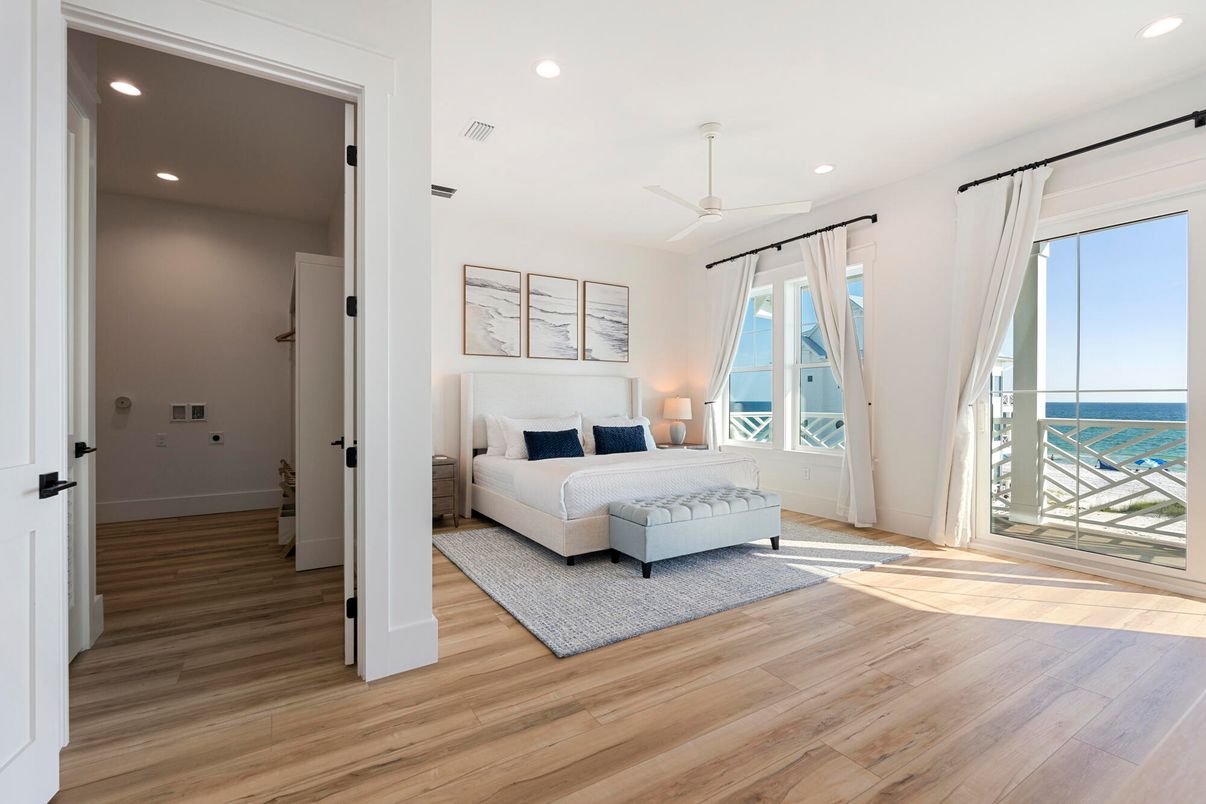 Bedroom, Interior, Recessed Lighting, Water, Wood Texture Flooring