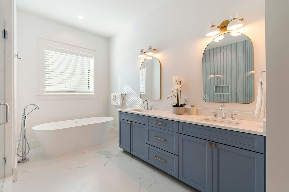 Bathroom, Dual Sink Vanities, Free Standing Baths, Interior, Marble, Recessed Lighting