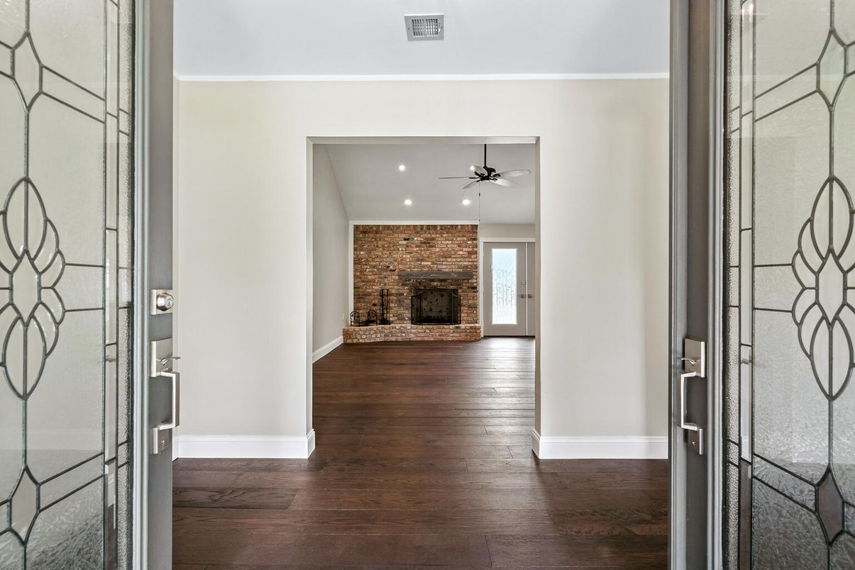 Fireplace, Interior, Recessed Lighting, Stone Walls, Wood Texture Flooring