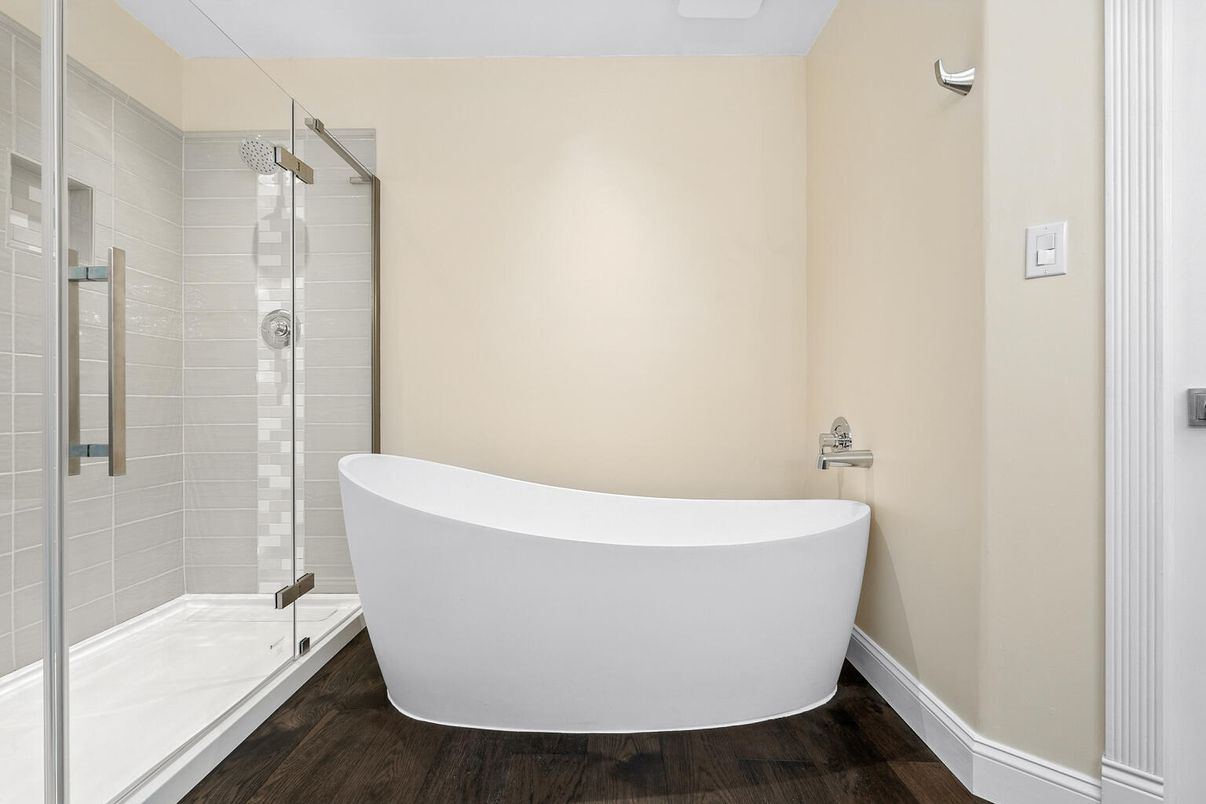 Bathroom, Free Standing Baths, Glass Shower, Interior, Wood Texture Flooring