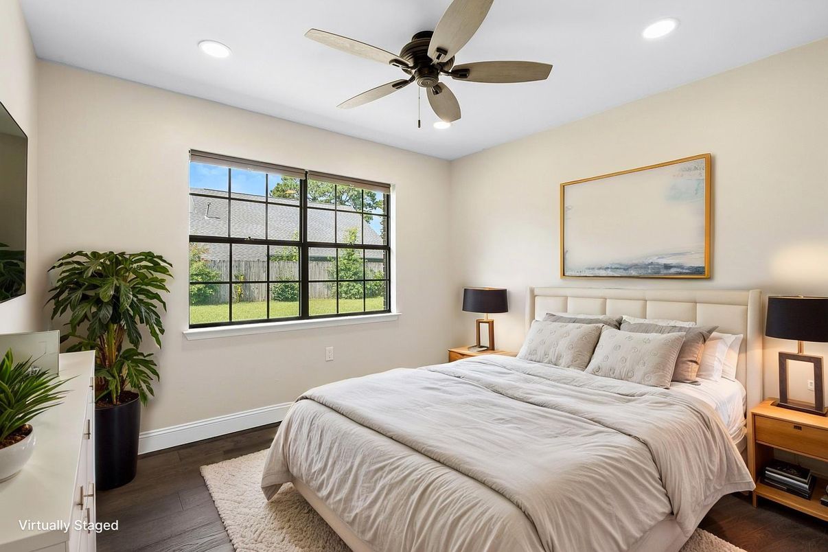 Bedroom, Interior, Recessed Lighting, Wood Texture Flooring