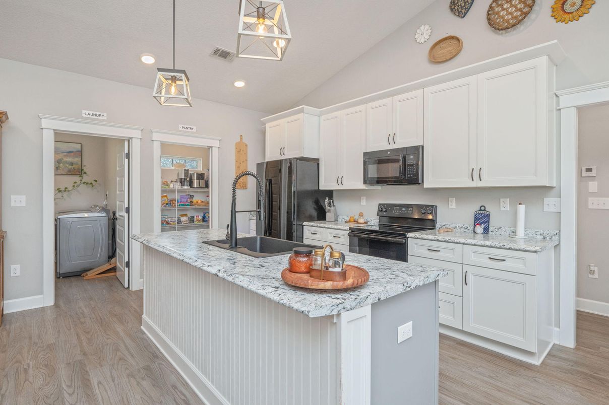 Interior, Kitchen, Pendant Lights, Recessed Lighting, Washer, Wood Texture Flooring