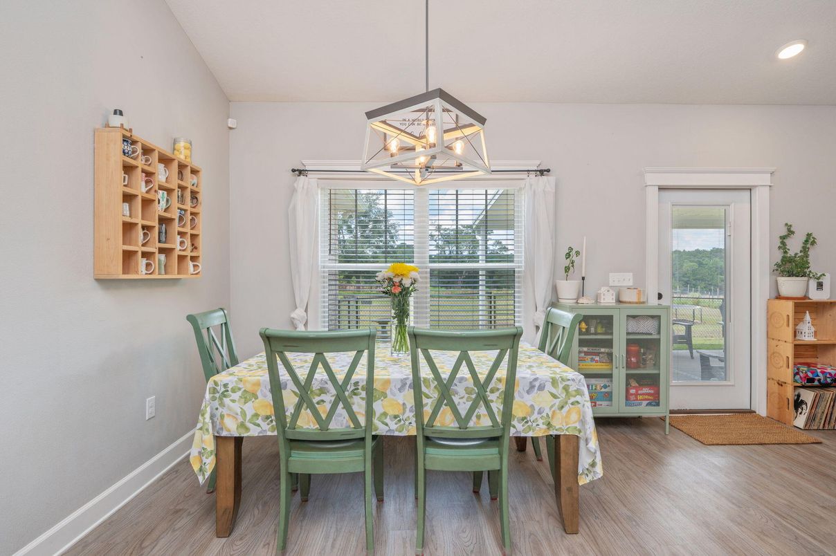 Dining room, Interior, Pendant Lights, Recessed Lighting, Wood Texture Flooring