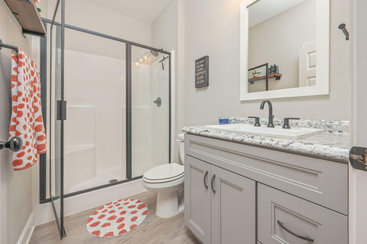 Bathroom, Glass Shower, Interior, Wood Texture Flooring