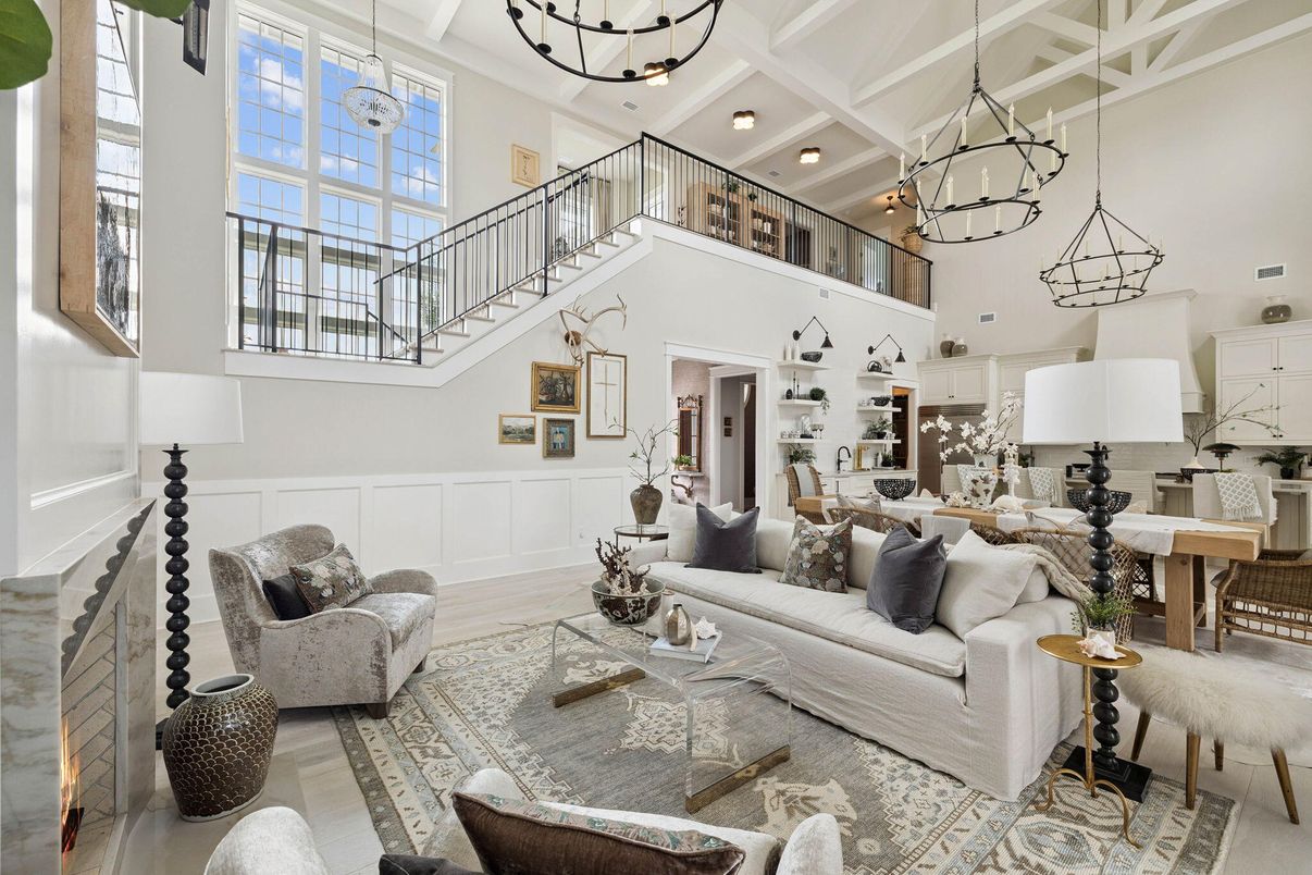 Chandelier, Fireplace, Interior, Living room, Pendant Lights, Recessed Lighting, Wood Texture Flooring