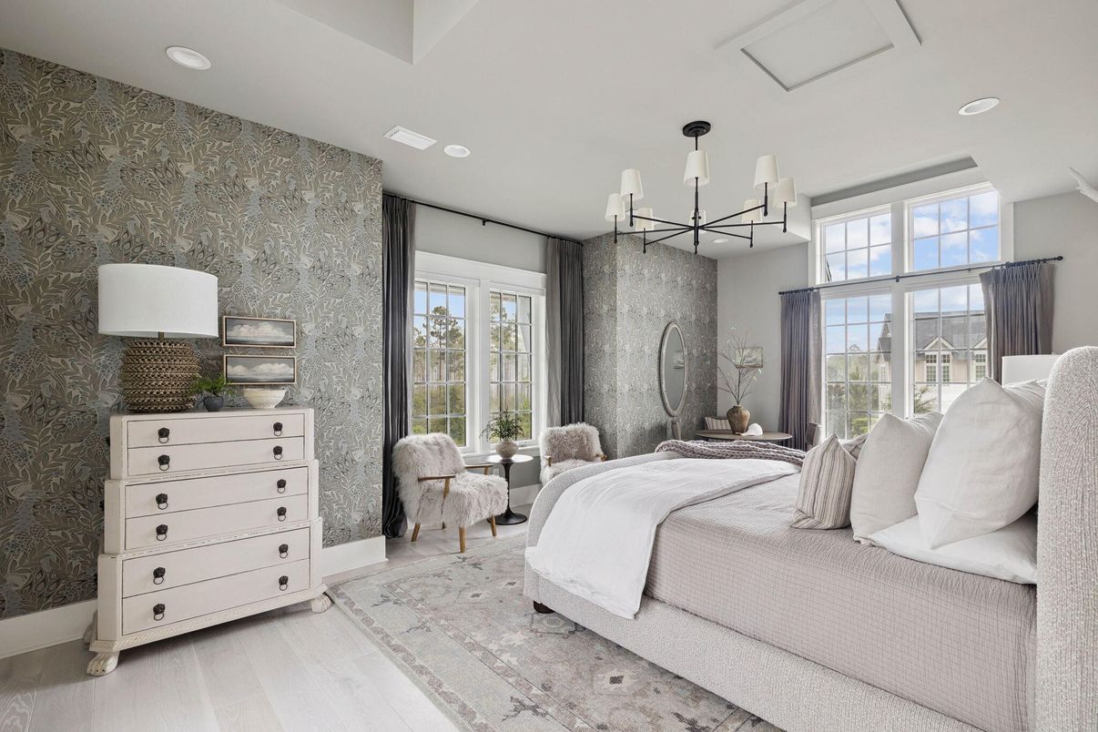 Bedroom, Chandelier, Interior, Recessed Lighting, Wood Texture Flooring