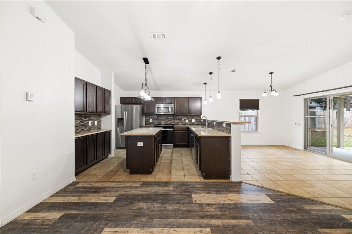 Interior, Kitchen, Pendant Lights, Stainless Steel Appliances, Wood Texture Flooring