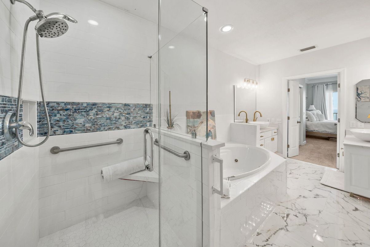 Bathroom, Bedroom, Dual Sink Vanities, Glass Shower, Interior, Marble, Recessed Lighting