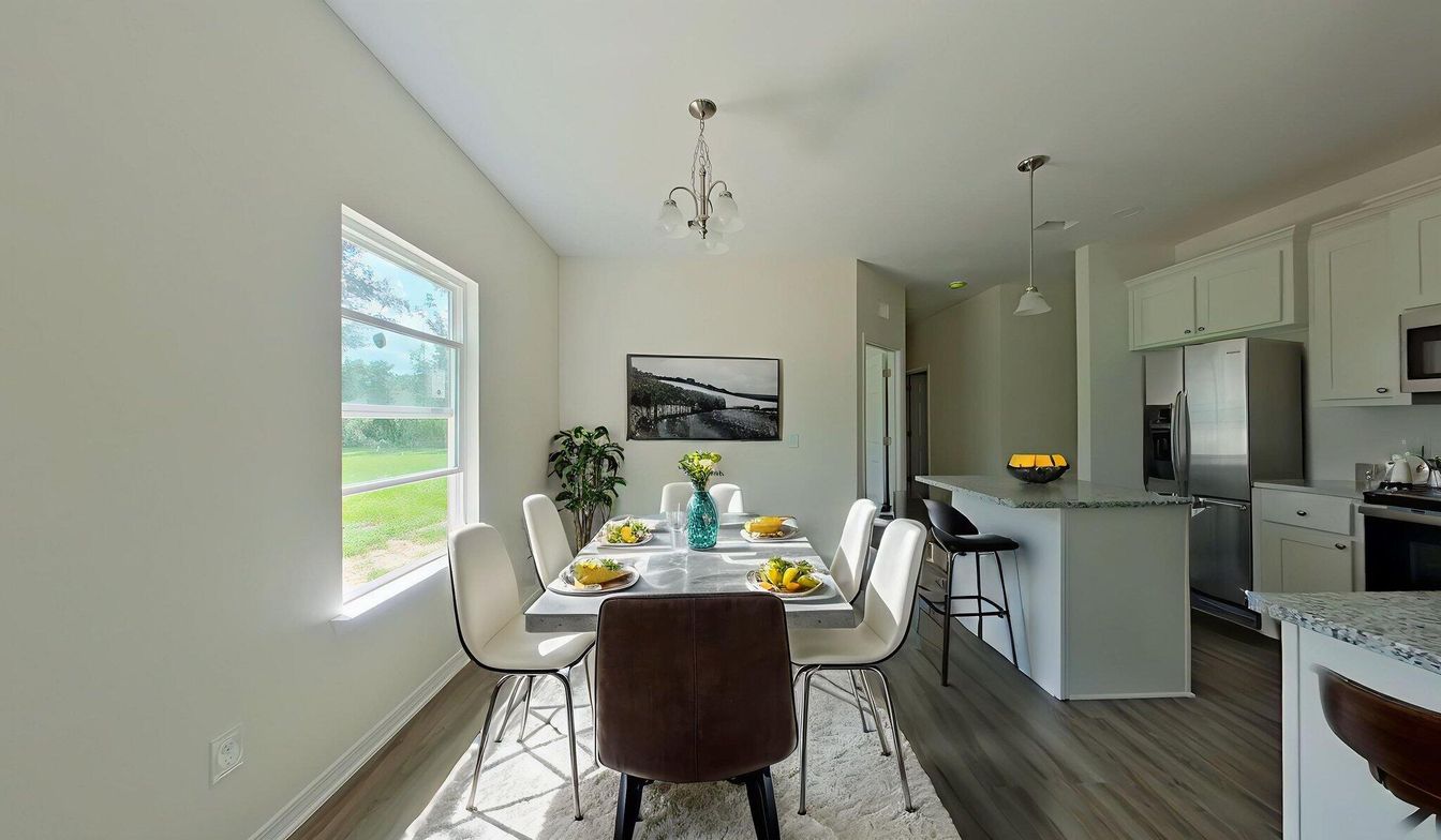 Dining room, Interior, Kitchen, Pendant Lights, Stainless Steel Appliances, Wood Texture Flooring