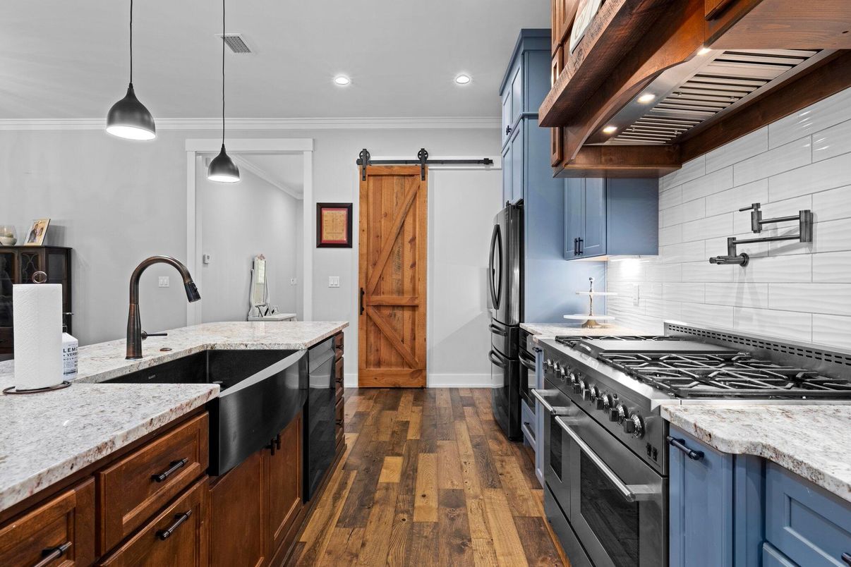 Interior, Kitchen, Pendant Lights, Recessed Lighting, Stainless Steel Appliances, Wood Texture Flooring