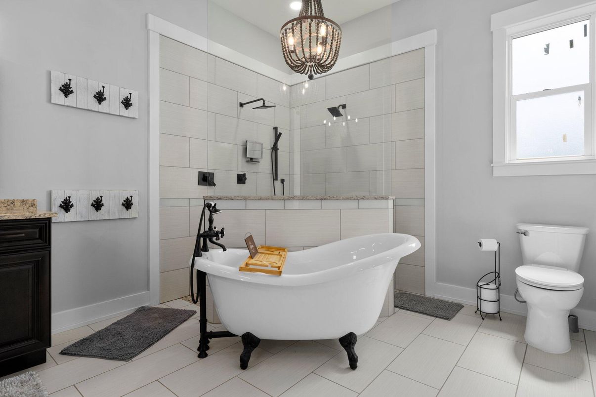 Bathroom, Chandelier, Free Standing Baths, Glass Shower, Interior, Pendant Lights