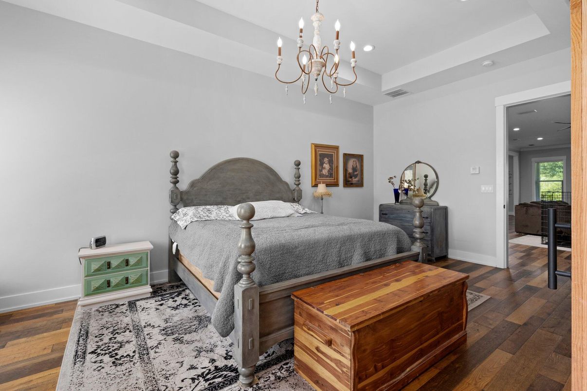 Bedroom, Chandelier, Interior, Recessed Lighting, Wood Texture Flooring